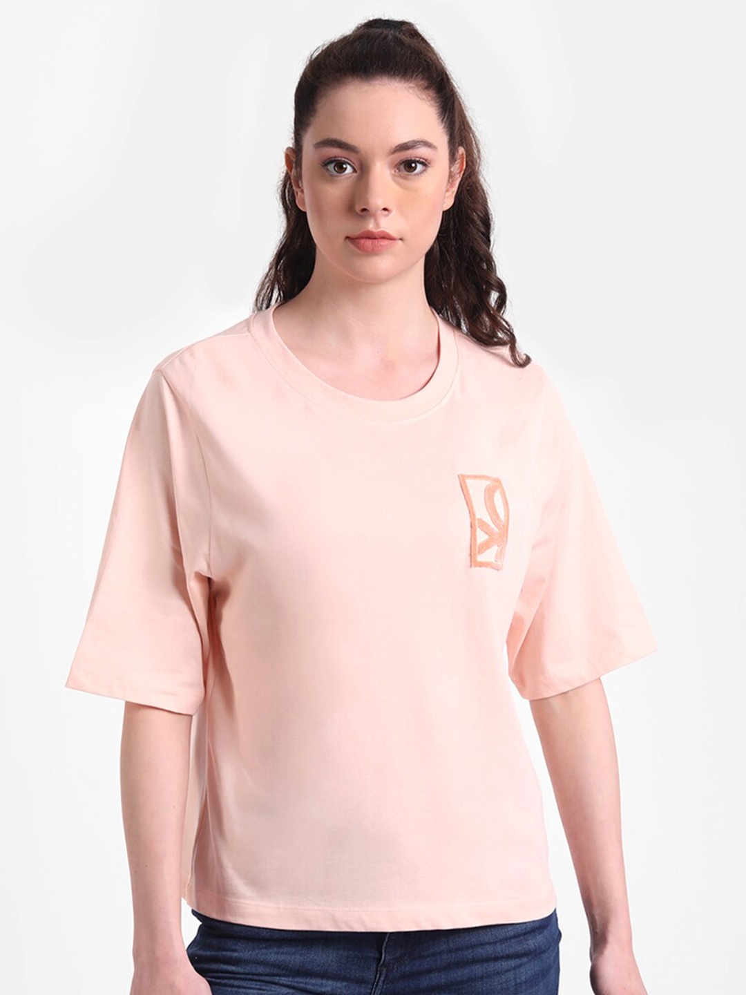 

United Colors of Benetton Pink Typography Applique Cotton T-shirt