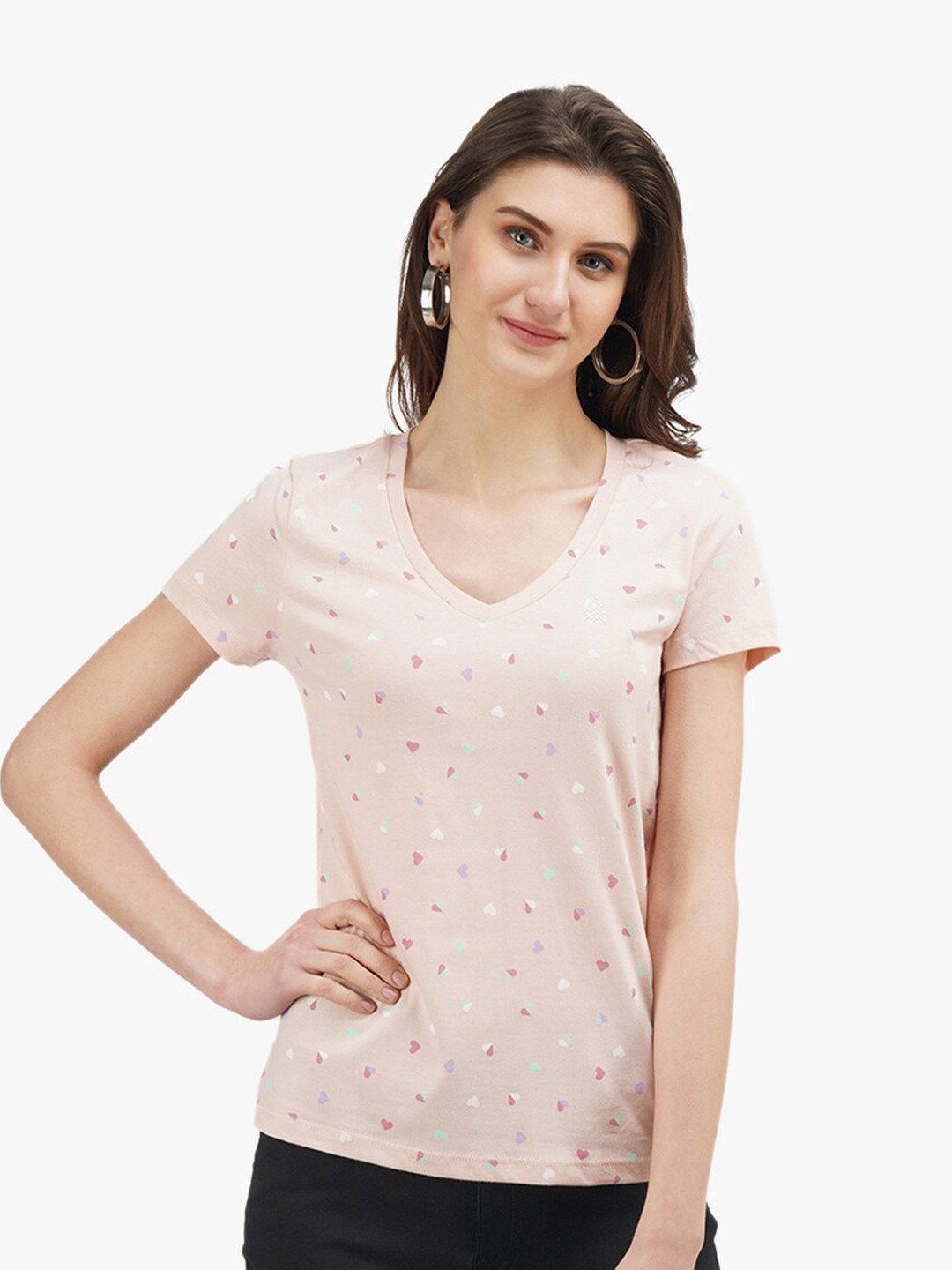 

United Colors of Benetton Women Pink Printed V-Neck Cotton T-shirt