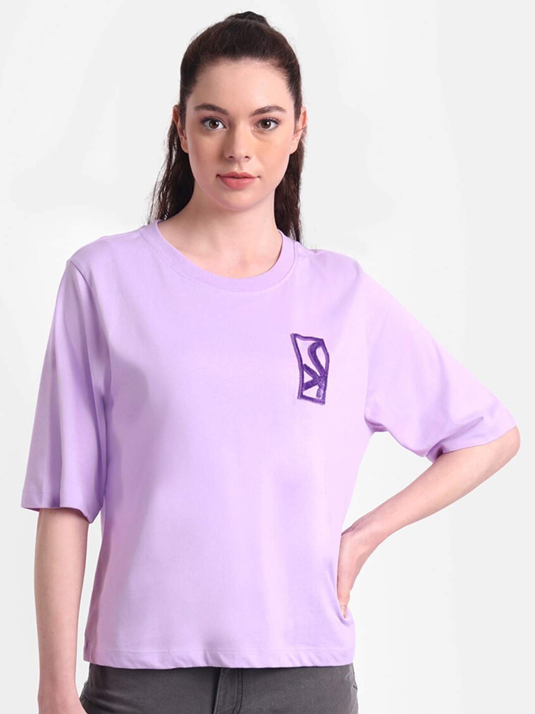 

United Colors of Benetton Women Lavender Drop-Shoulder Sleeves Cotton T-shirt