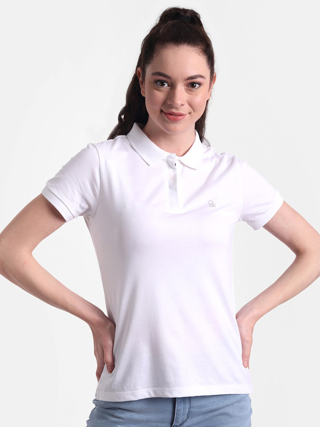 

United Colors of Benetton Women White Polo Collar T-shirt