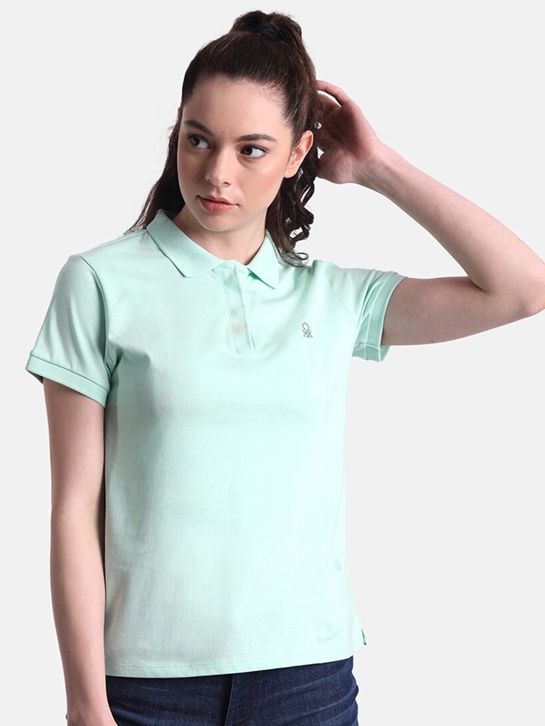 

United Colors of Benetton Women Turquoise Blue Polo Collar Cotton T-shirt