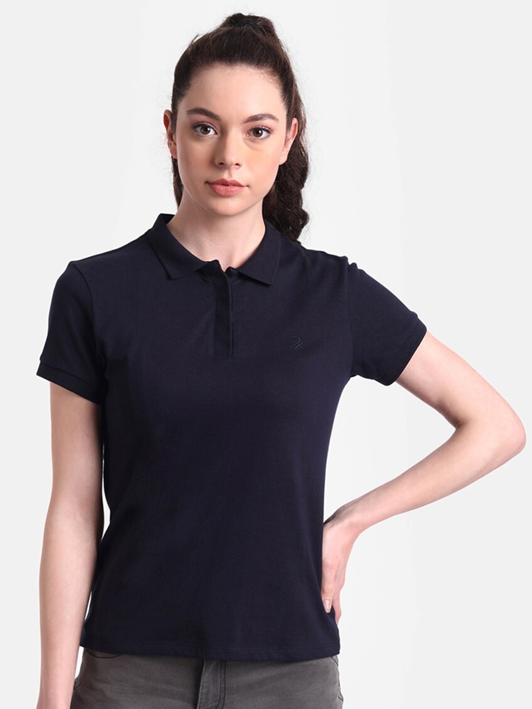 

United Colors of Benetton Women Navy Blue Polo Collar T-shirt