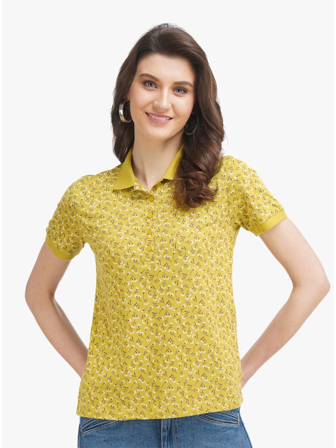 

United Colors of Benetton Women Yellow Floral Printed Polo Collar Cotton T-shirt