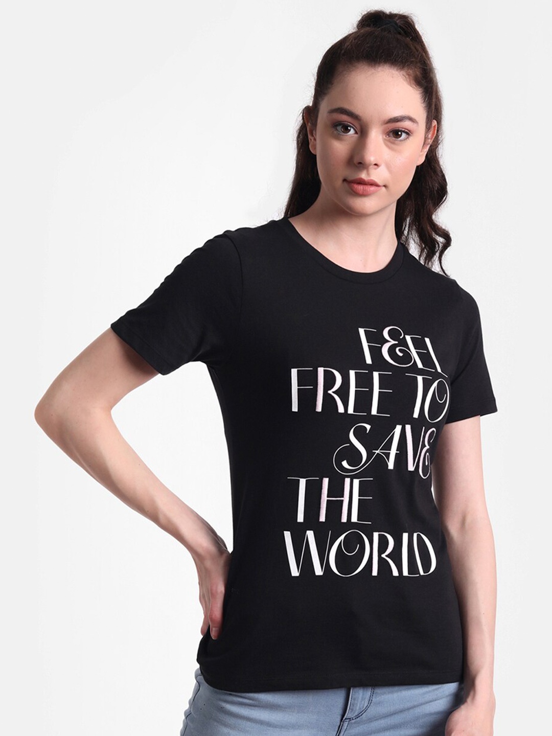 

United Colors of Benetton Women Black Typography Printed Cotton T-shirt