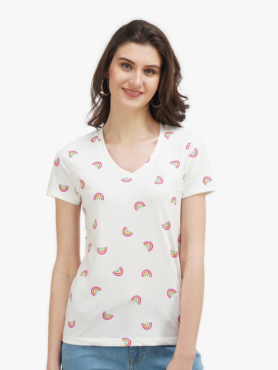 

United Colors of Benetton Women White & Pink Printed V-Neck Cotton T-shirt
