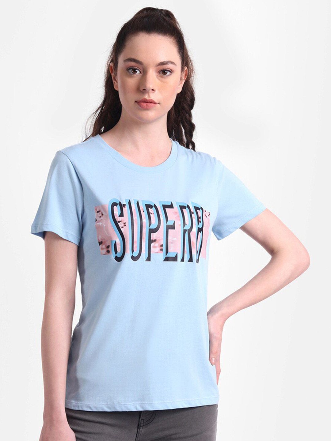 

United Colors of Benetton Women Blue Typography Printed T-shirt