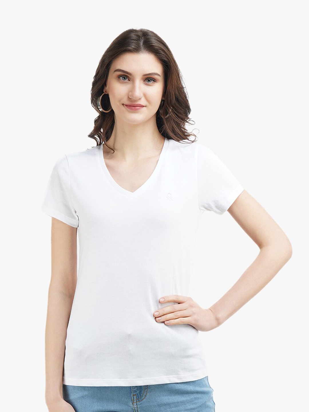

United Colors of Benetton Women White V-Neck Cotton T-shirt