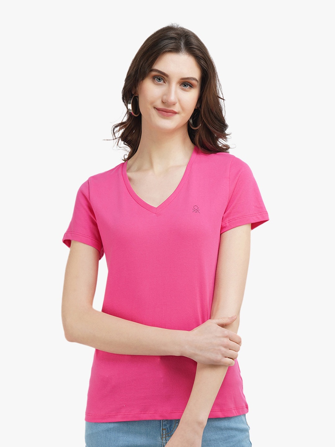 

United Colors of Benetton Women Pink V-Neck T-shirt