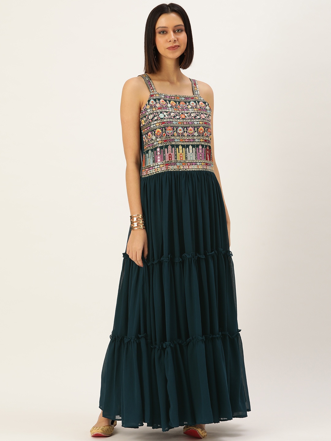 

heemara Tea Blue & Pink Ethnic Motifs Embroidered Ethnic A-Line Maxi Dress, Teal