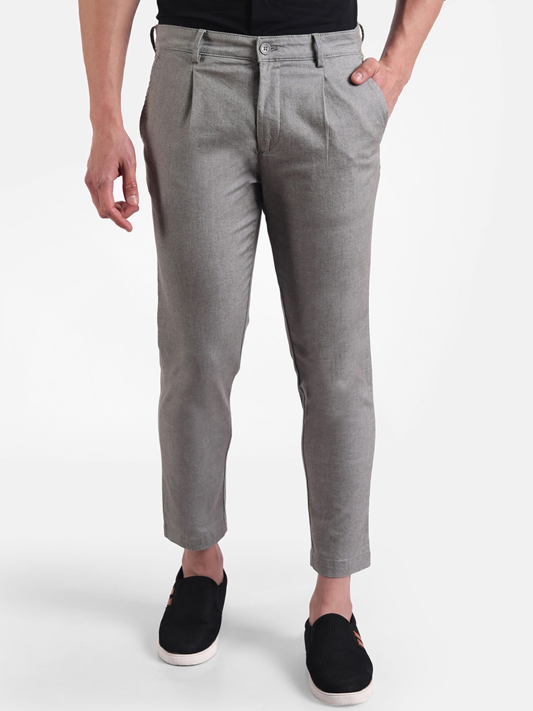 

United Colors of Benetton Men Grey Regular Fit Pleated Trousers