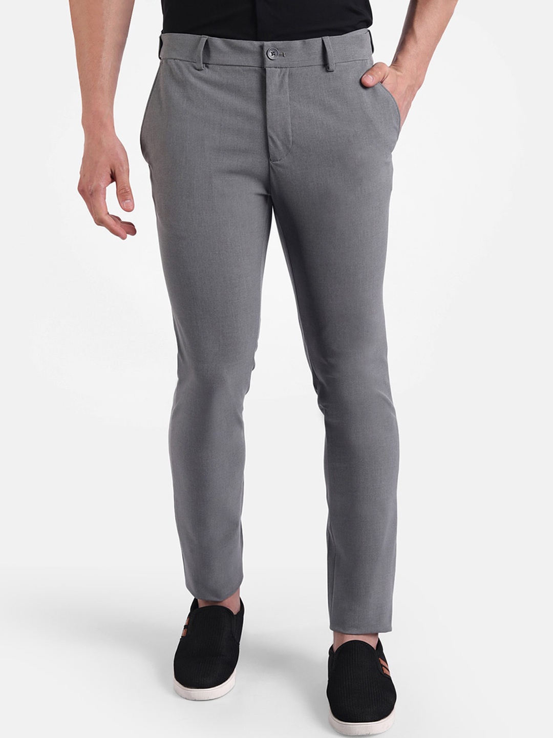 

United Colors of Benetton Men Grey Textured Slim Fit Trousers