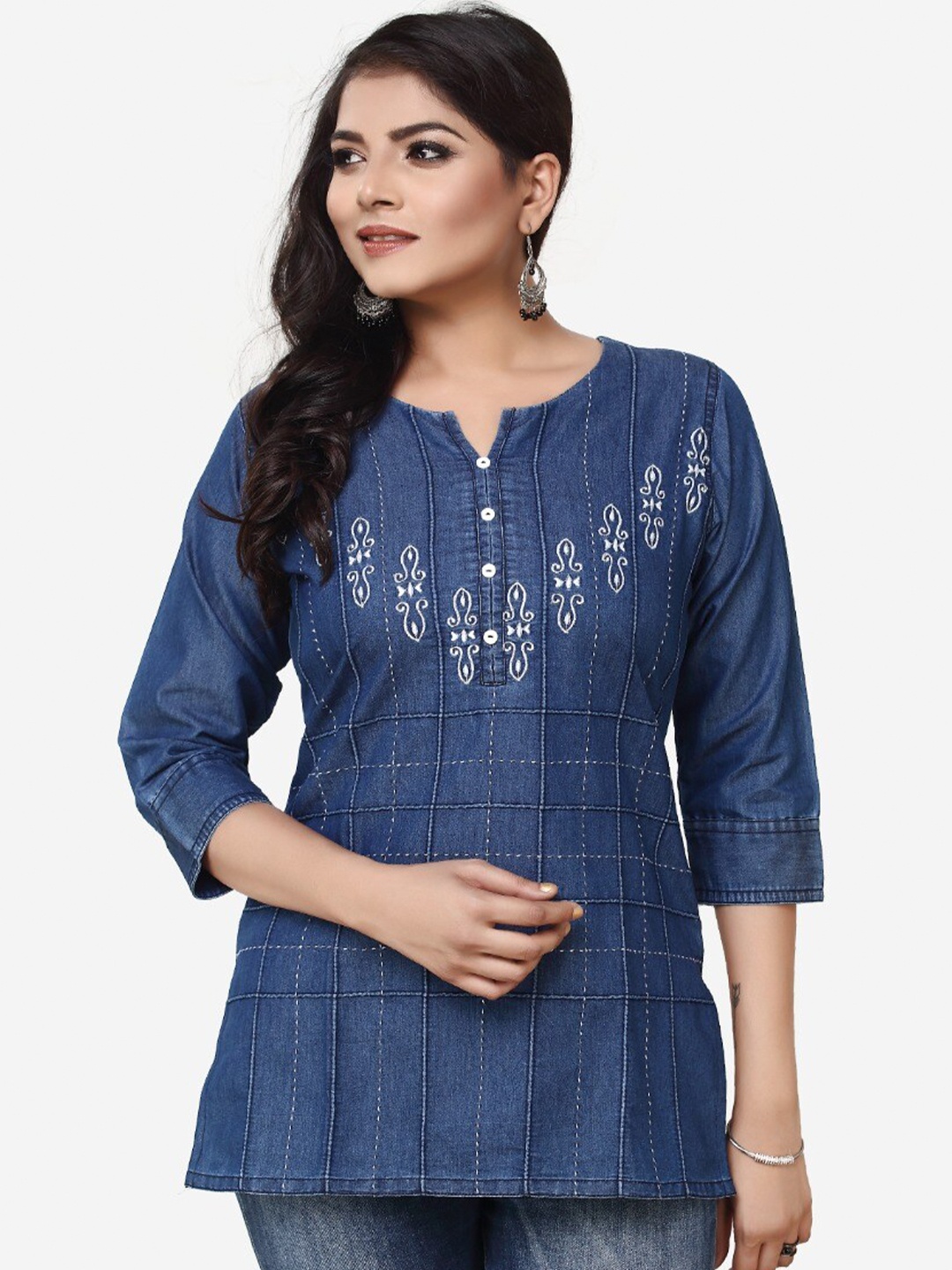 

HAVVA FASHION Blue Ethnic Motifs Embroidered Kurti