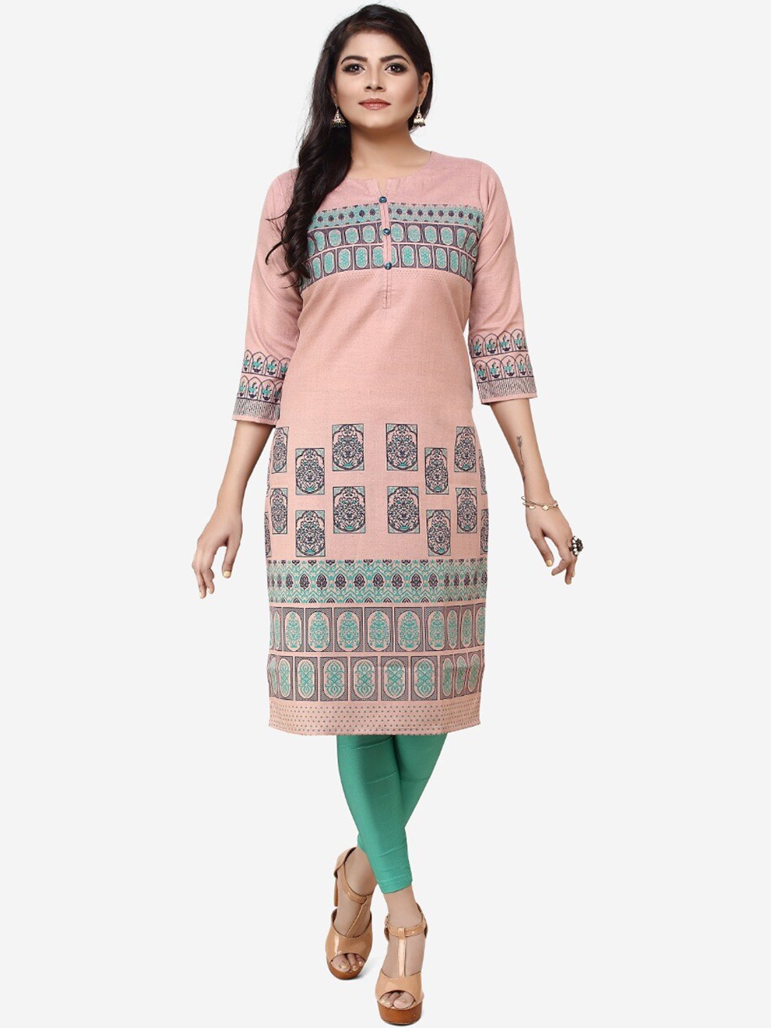 

HAVVA FASHION Women Peach-Coloured Ethnic Motifs Printed Cotton Kurta