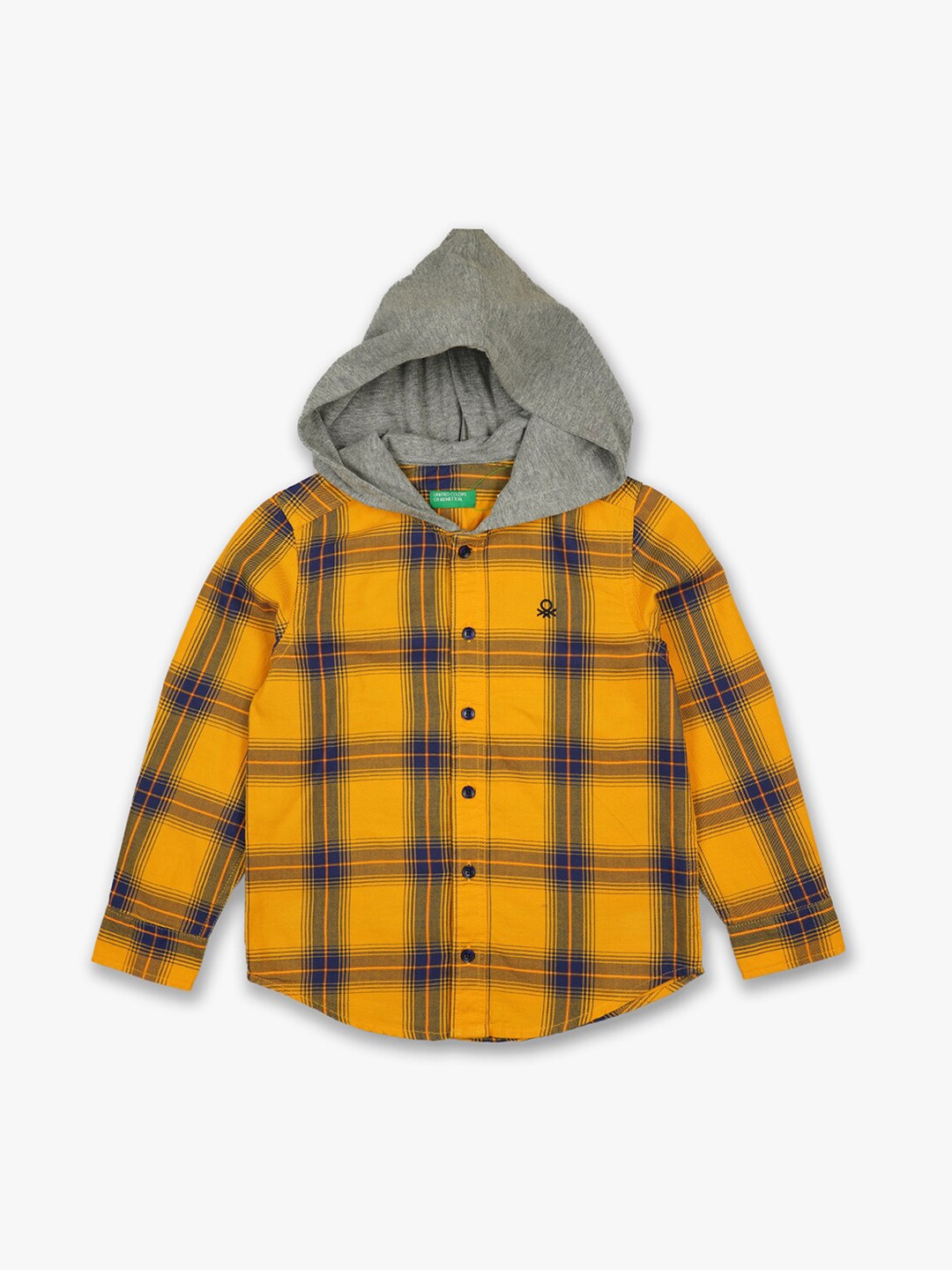 

United Colors of Benetton Boys Brown & Yellow Tartan Checks Checked Cotton Hooded Shirt