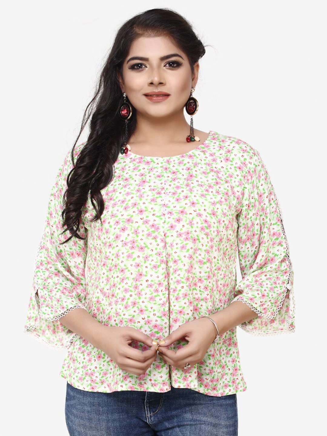 

HAVVA FASHION Green Floral Print Chiffon Top