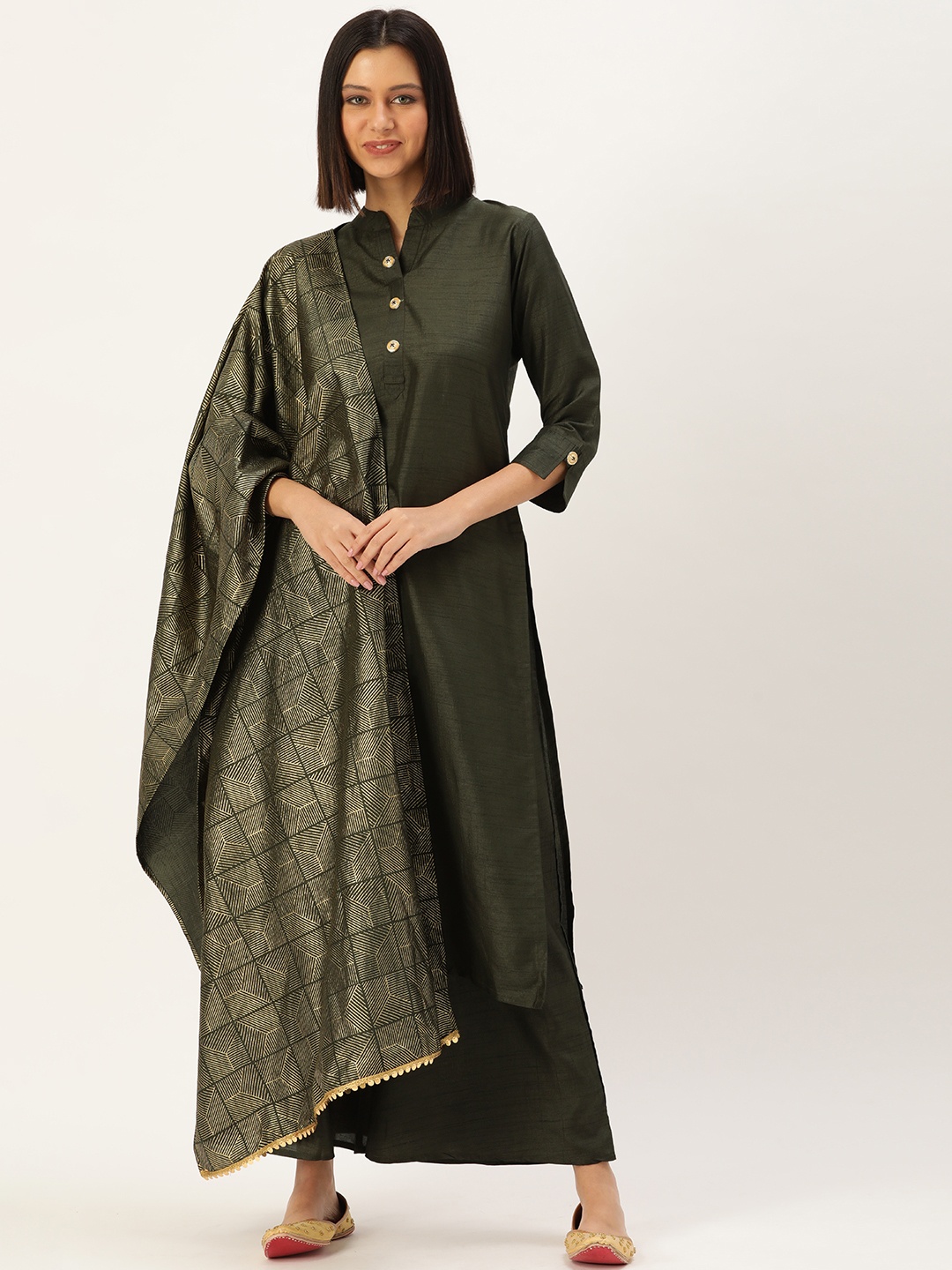 

heemara Women Olive Green Kurta with Palazzos & With Dupatta