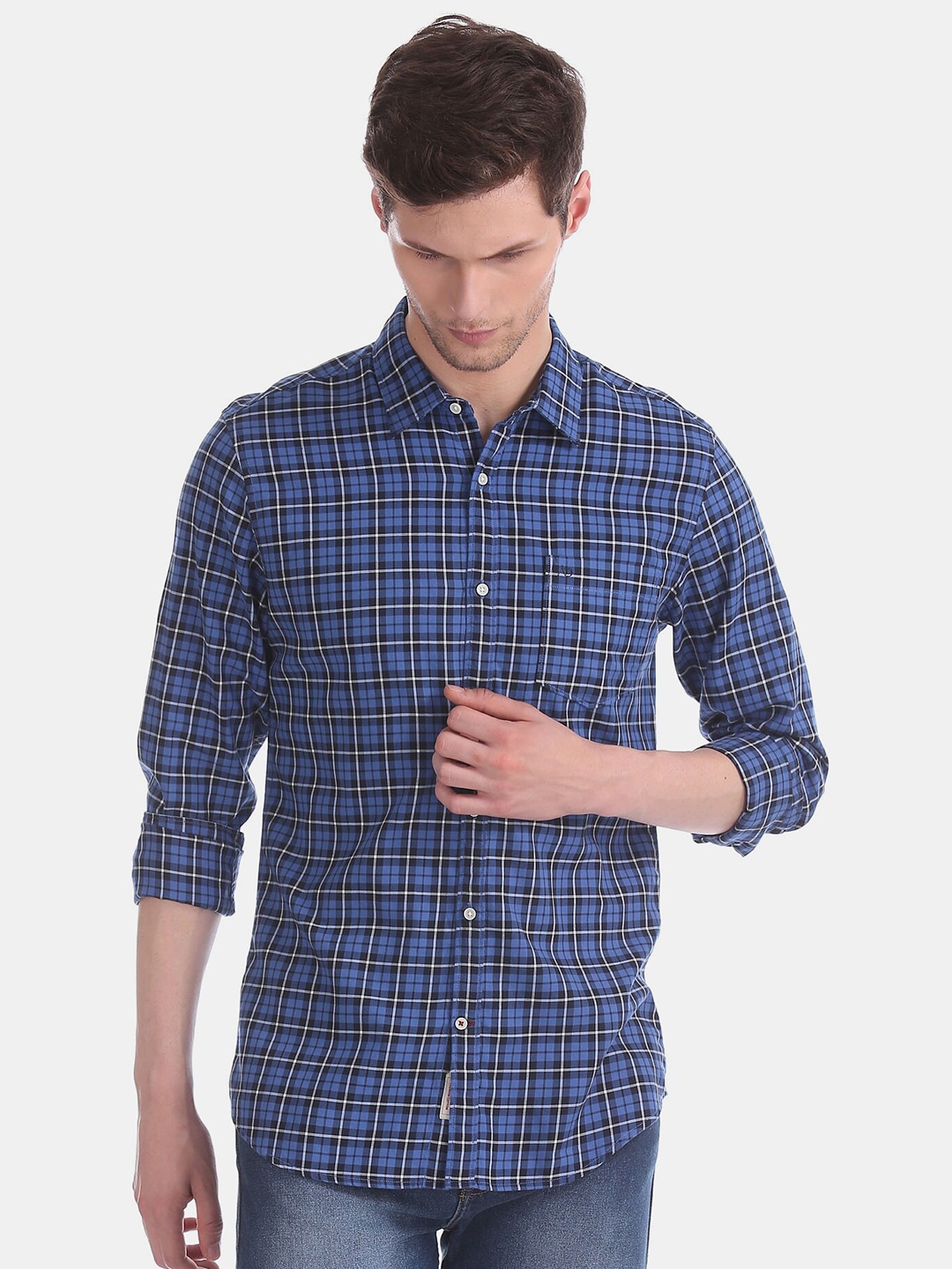 

AD By Arvind Men Navy Blue Slim Fit Checked Cotton Casual Shirt