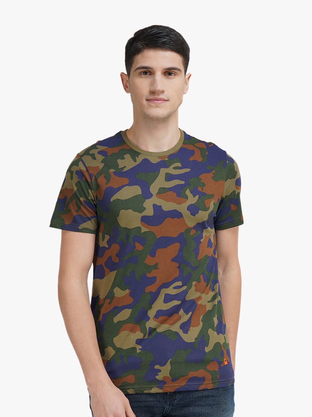 United Colors of Benetton Men Olive Green & Blue Camouflage Printed T-shirt