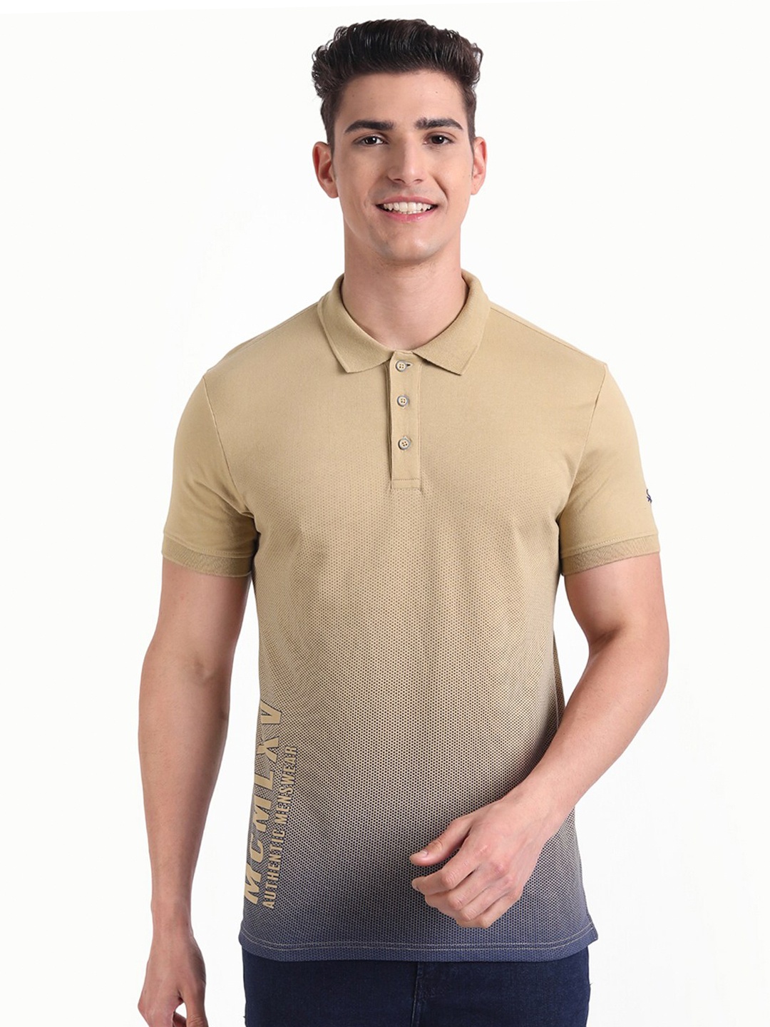 

United Colors of Benetton Men Beige Polo Collar Cotton T-shirt