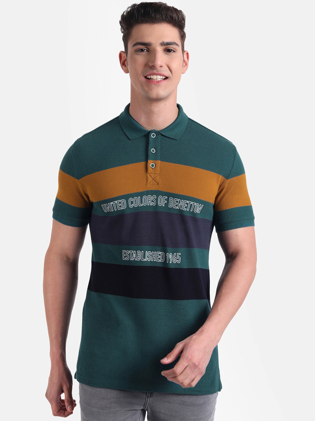 

United Colors of Benetton Men Green Striped Polo Collar Applique T-shirt