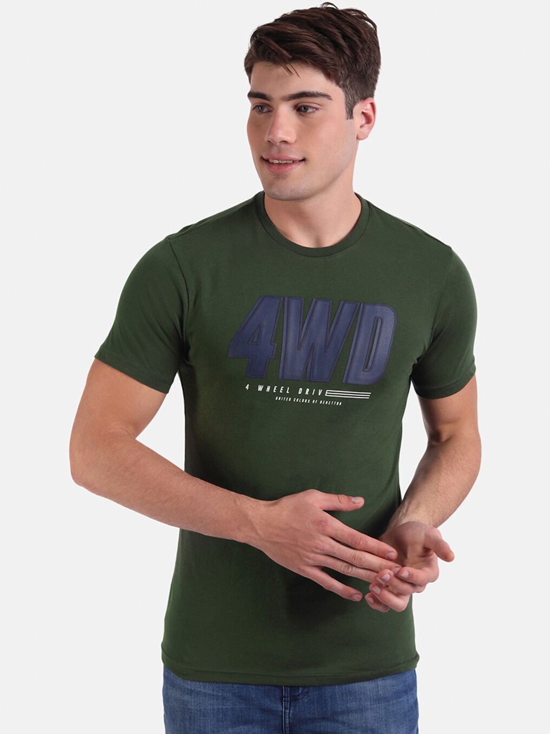 

United Colors of Benetton Men Olive Green Typography Printed Cotton T-shirt