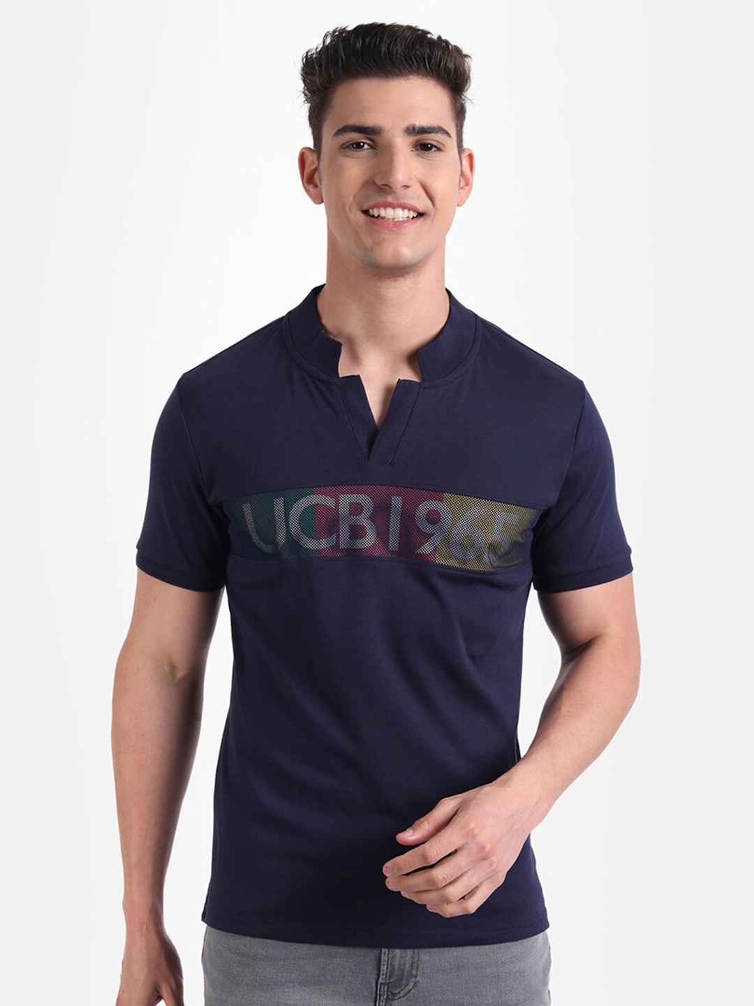 

United Colors of Benetton Men Navy Blue Typography Polo Collar Applique T-shirt