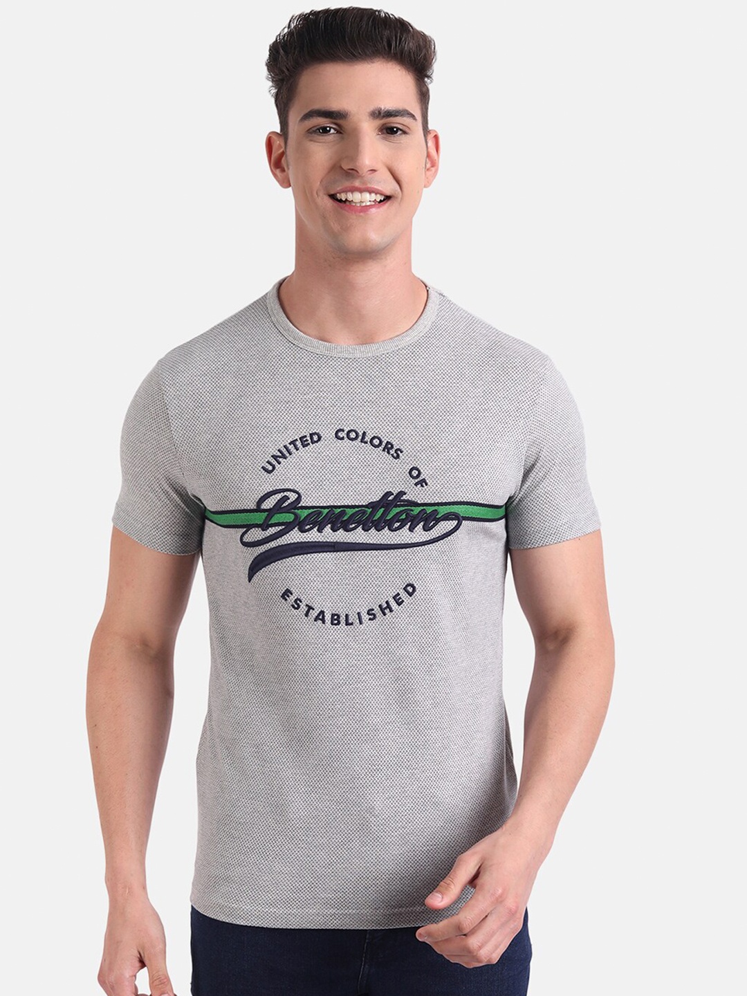 

United Colors of Benetton Men Grey Typography Printed T-shirt
