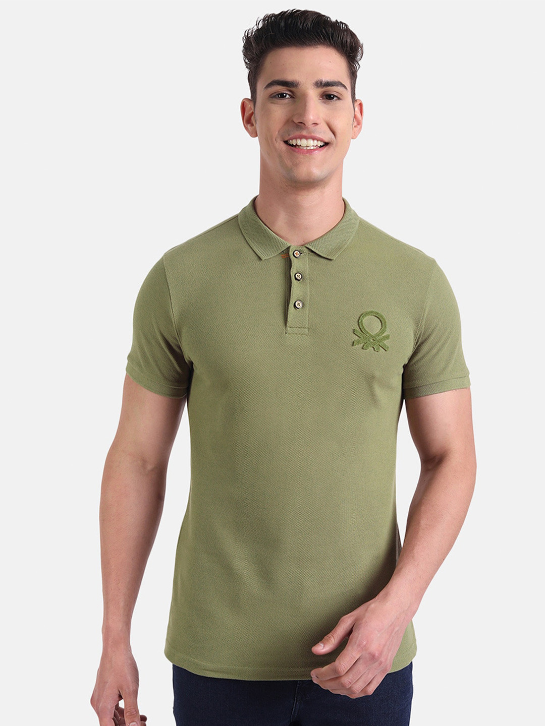 

United Colors of Benetton Men Green Polo Collar T-shirt