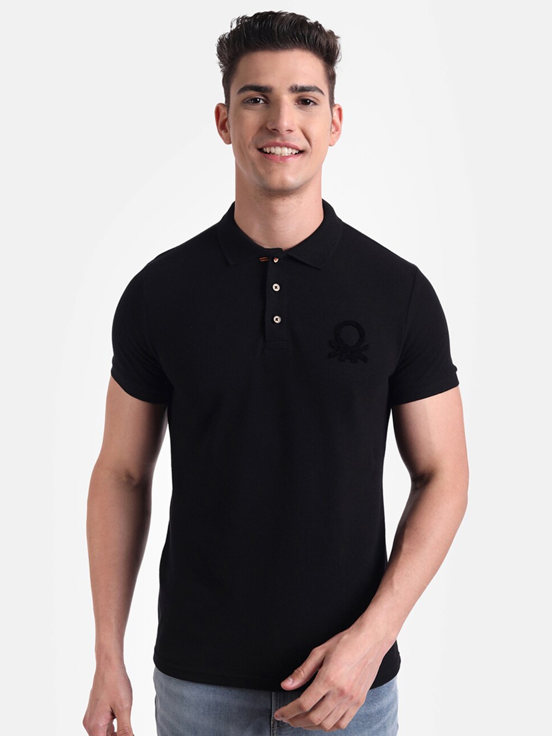 

United Colors of Benetton Men Black Polo Collar T-shirt
