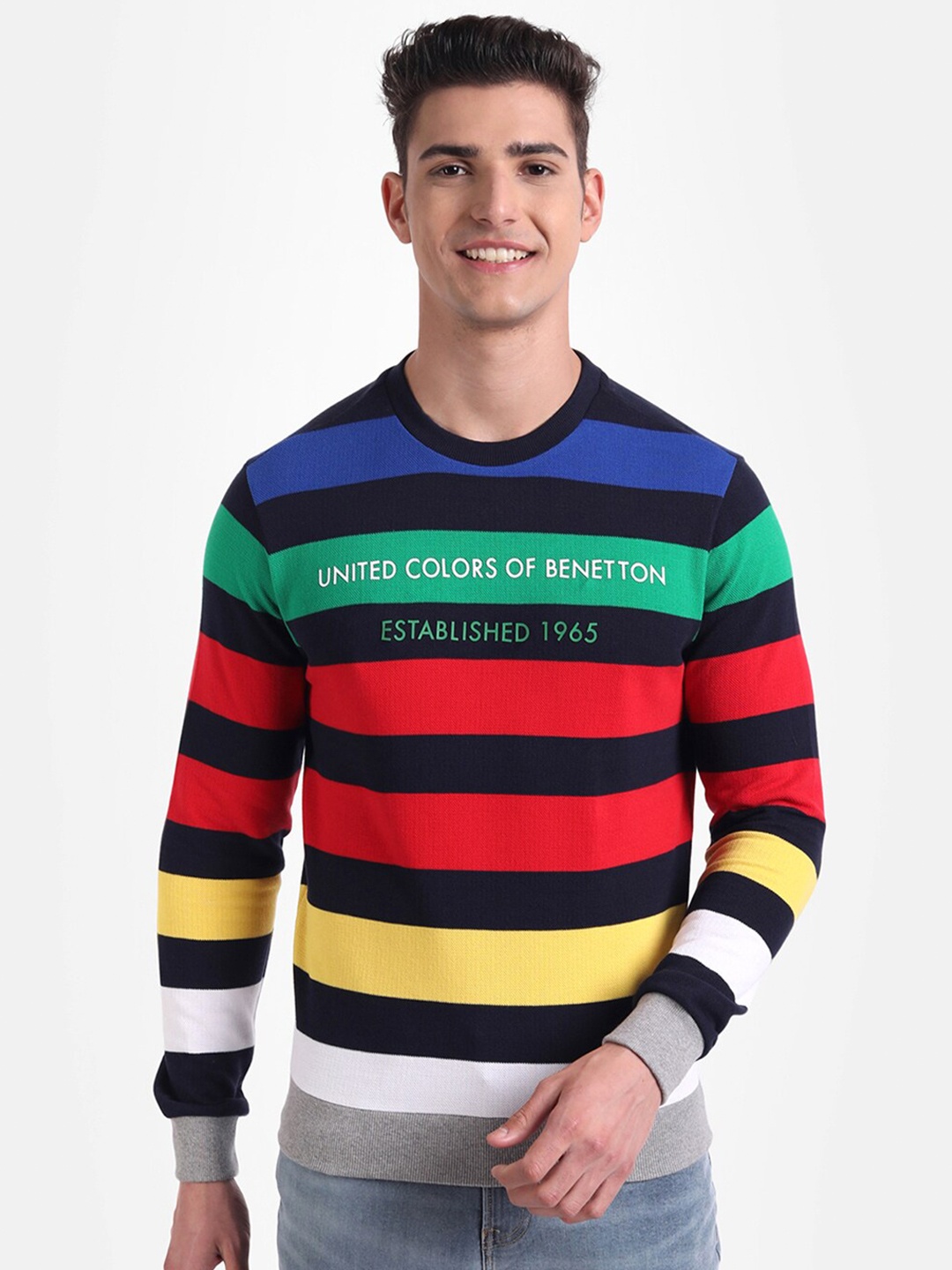 

United Colors of Benetton Men Navy Blue Striped T-shirt