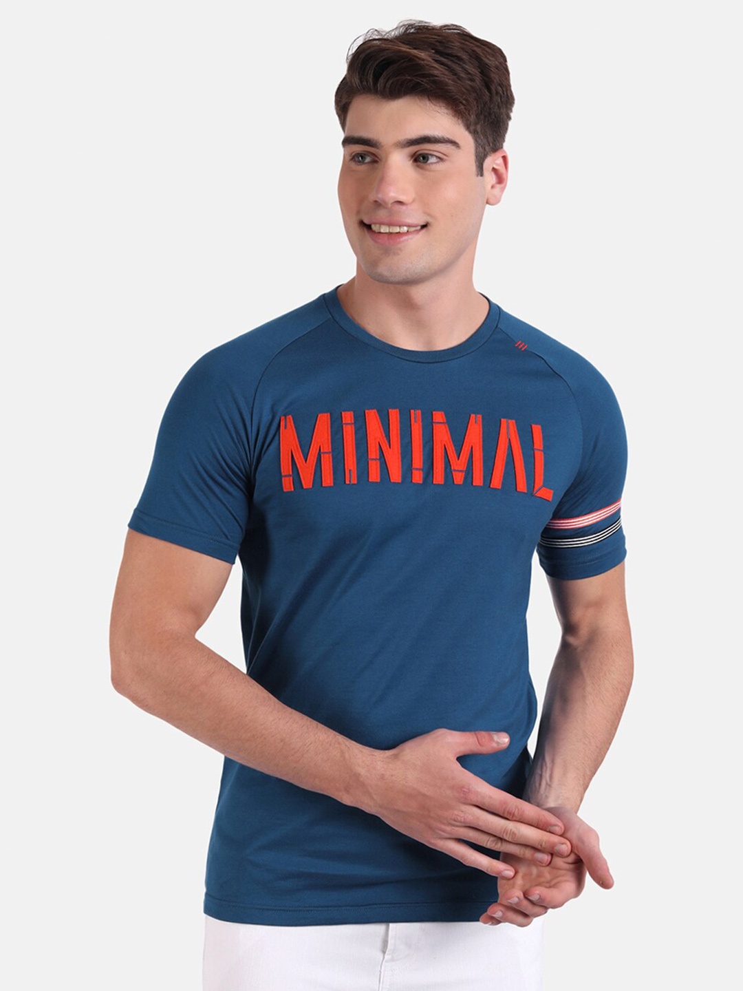 

United Colors of Benetton Men Blue Typography Printed Applique T-shirt