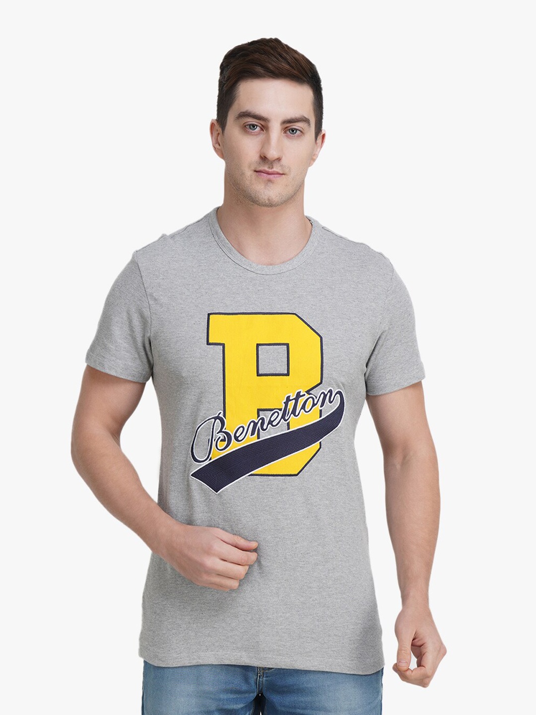 

United Colors of Benetton Men Grey Printed Cotton T-shirt