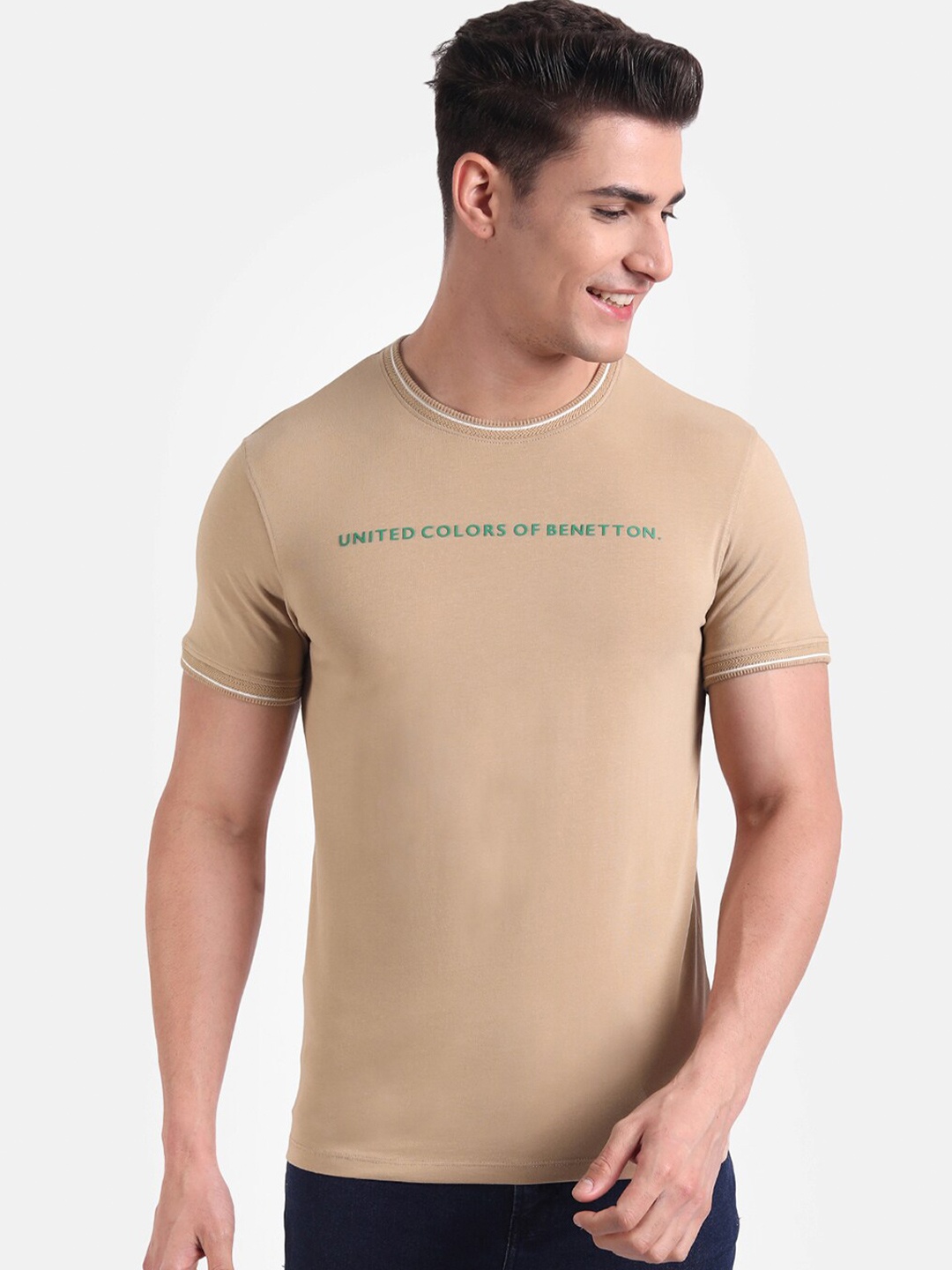 

United Colors of Benetton Men Beige Typography T-shirt