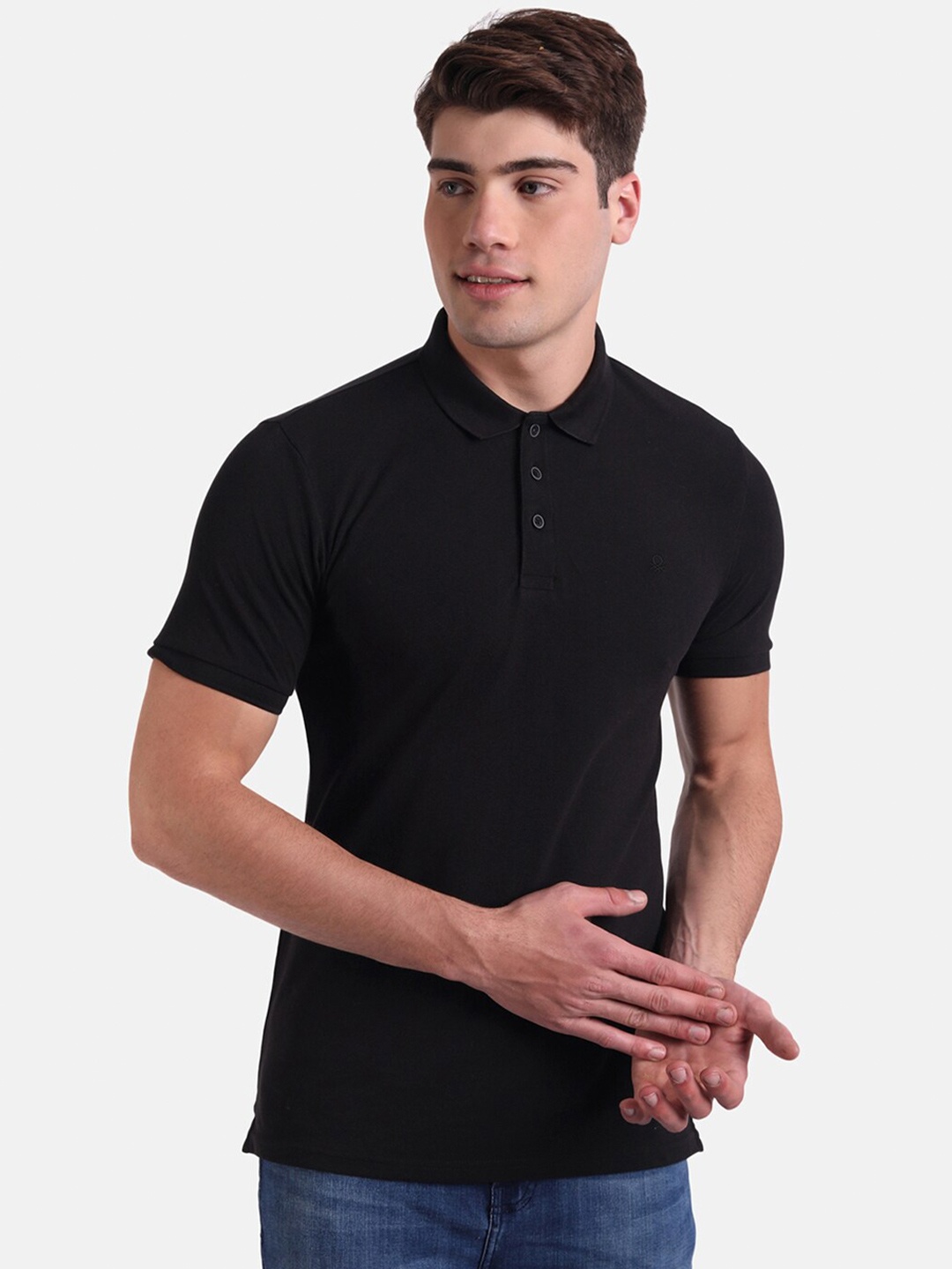 

United Colors of Benetton Men Black Mandarin Collar Applique T-shirt