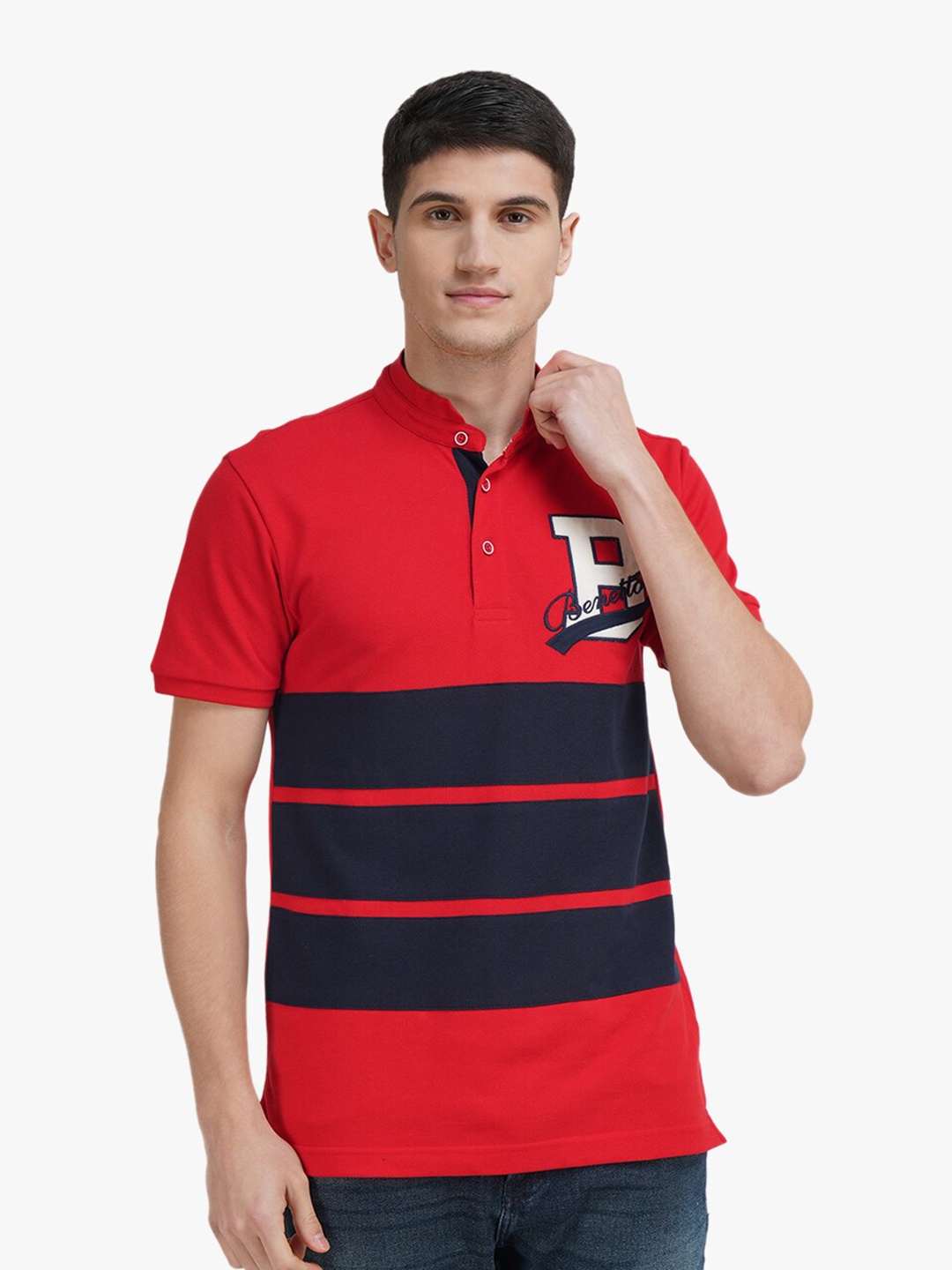 

United Colors of Benetton Men Red Striped Mandarin Collar Cotton T-shirt