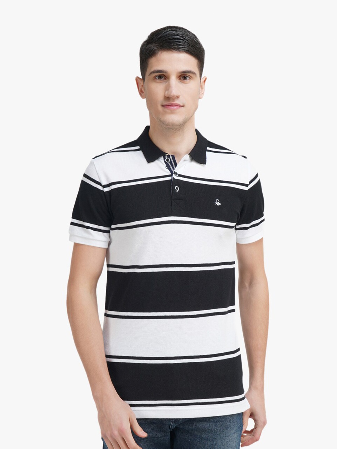 

United Colors of Benetton Men Black Striped Polo Collar Cotton T-shirt