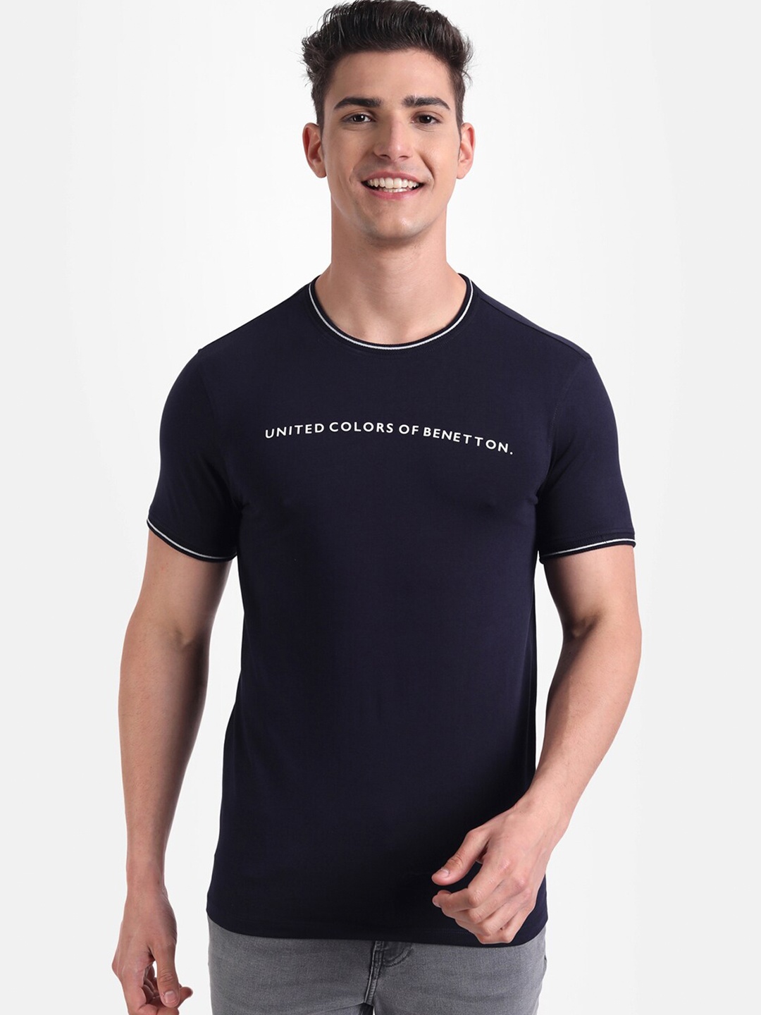 

United Colors of Benetton Men Navy Blue Brand Logo Printed T-shirt