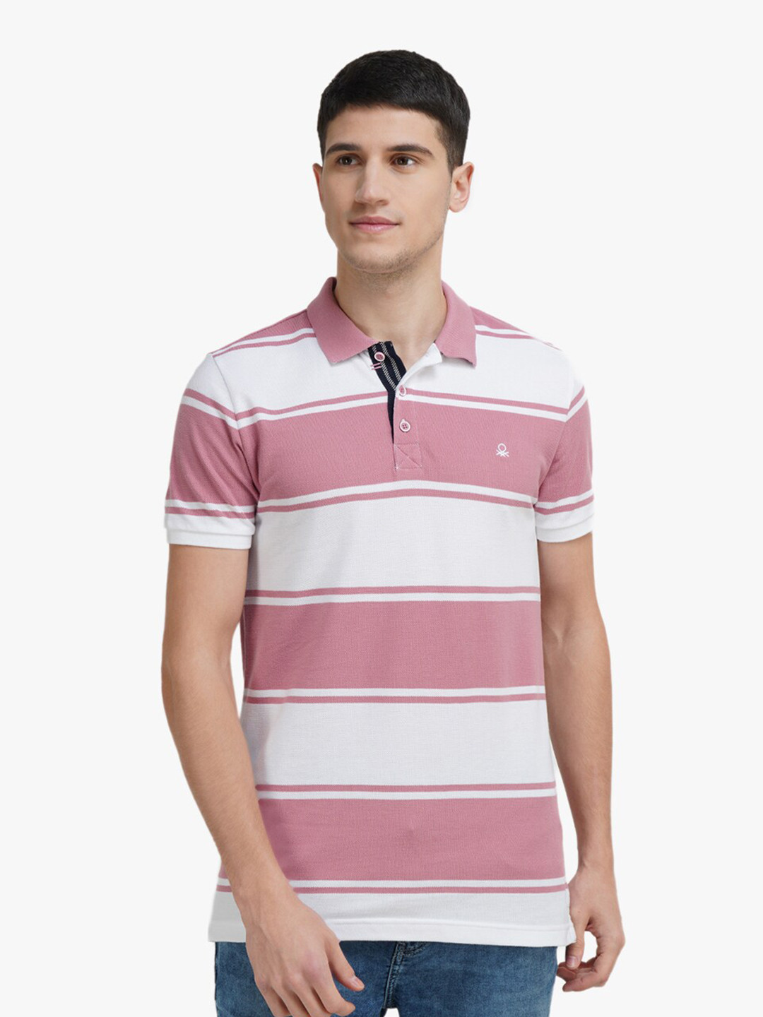 

United Colors of Benetton Men Pink & White Striped Polo Collar Regular Fit Cotton T-shirt