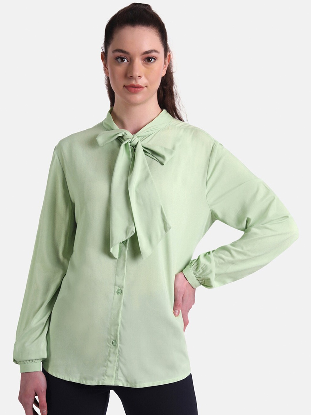 

United Colors of Benetton Green Tie-Up Neck Shirt Style Top