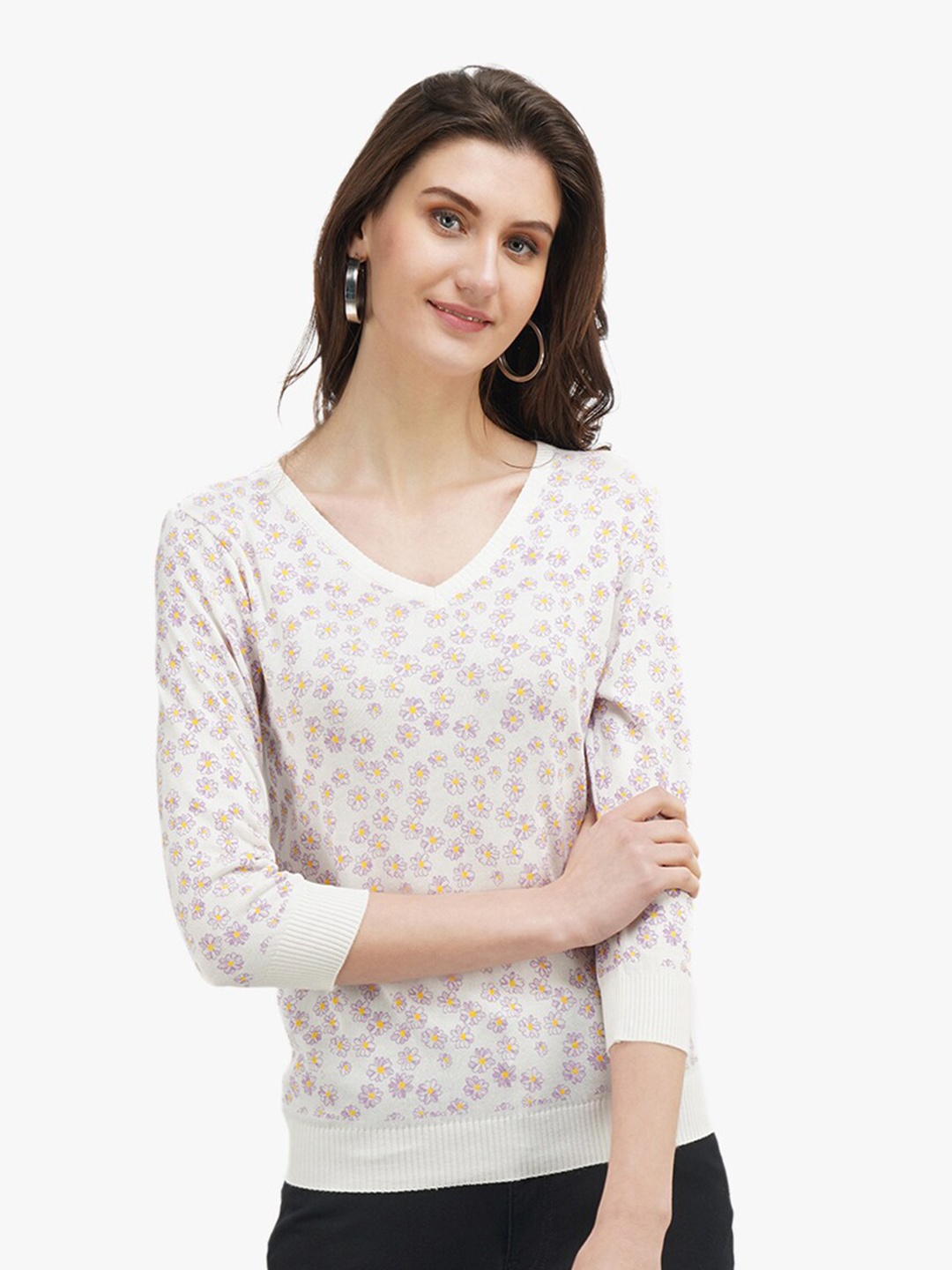 

United Colors of Benetton White Floral Print Pure Cotton Top