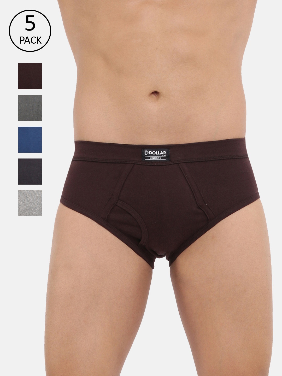 

Dollar Bigboss Men's Solid Pack of 5 Spandex Integrated Cotton Brief, Multi
