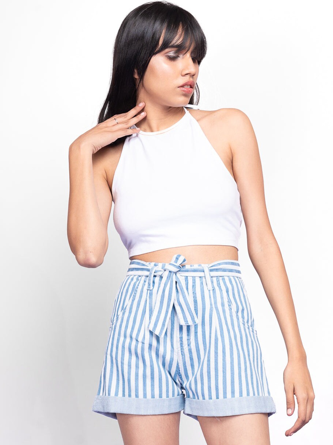 

FREAKINS Women Blue Striped Slim Fit High-Rise Cotton Shorts