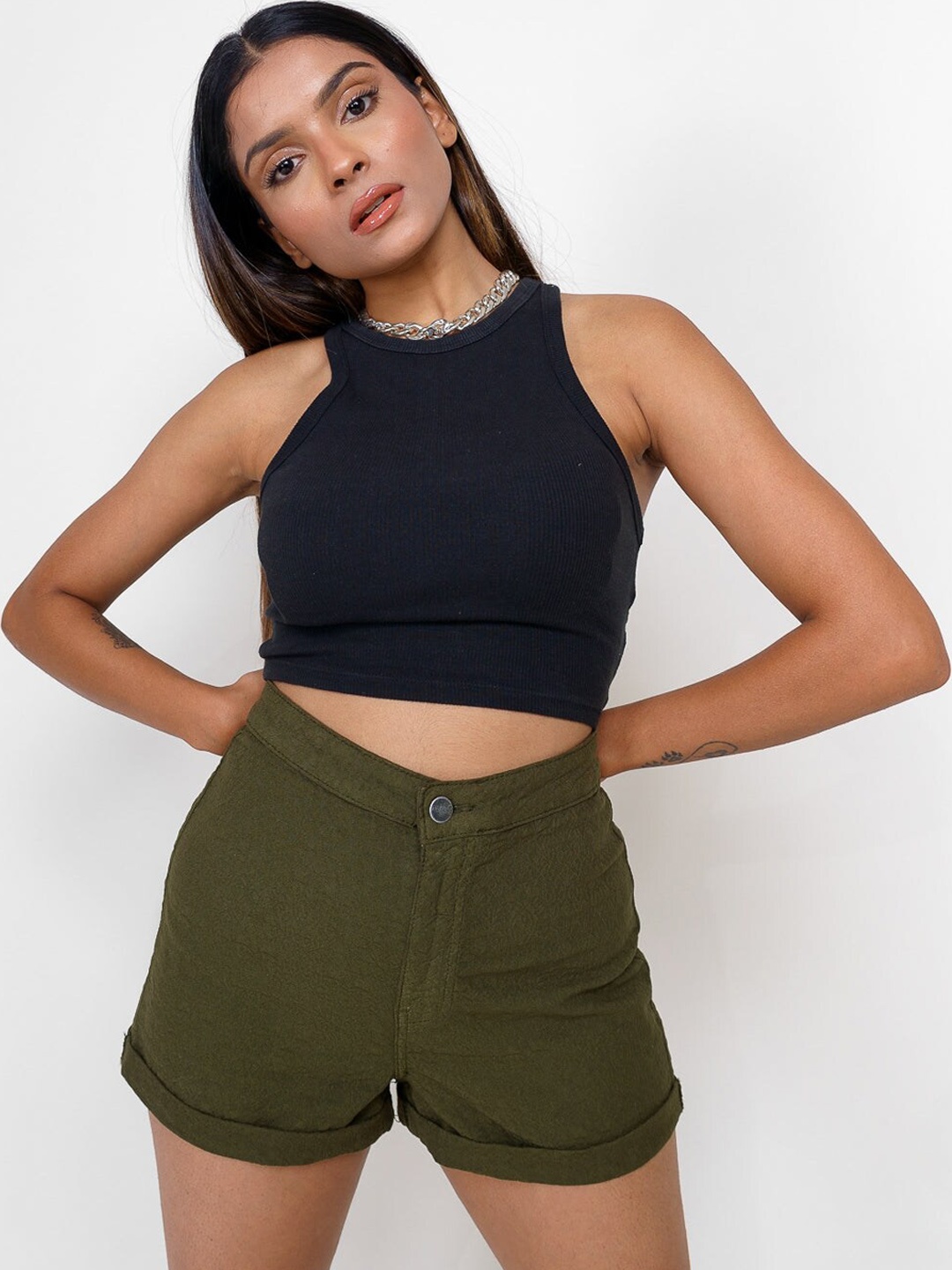 

FREAKINS Women Olive Green Slim Fit High-Rise Shorts