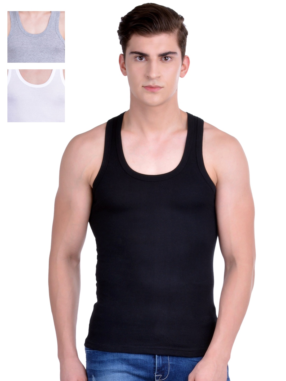 

Dollar Bigboss Men Solid Pack of 3 Cotton Vests MDVE-04-PO3-M, Black