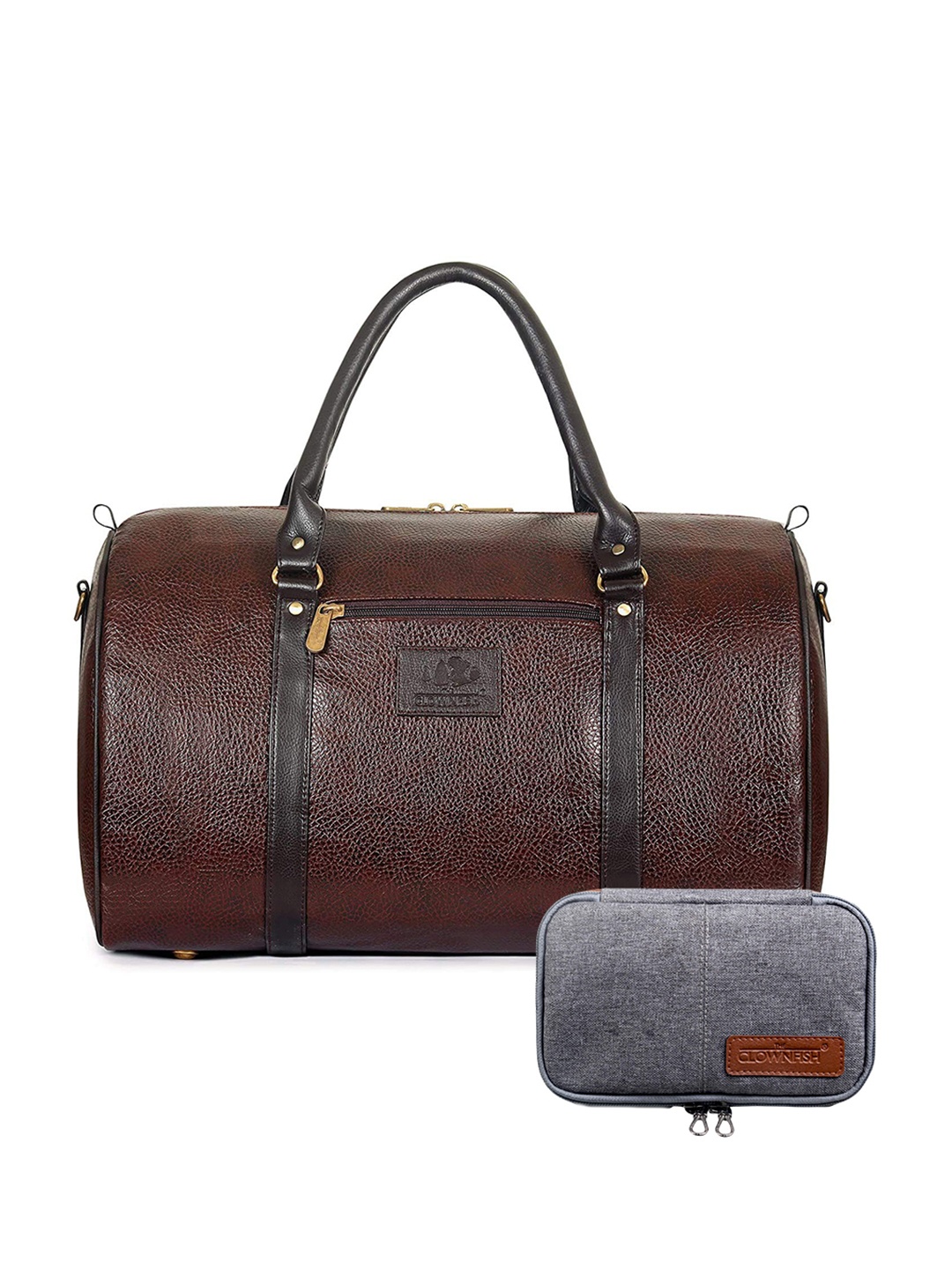 

THE CLOWNFISH Brown & Grey Solid Leather Duffel Bag & Pouch Kit