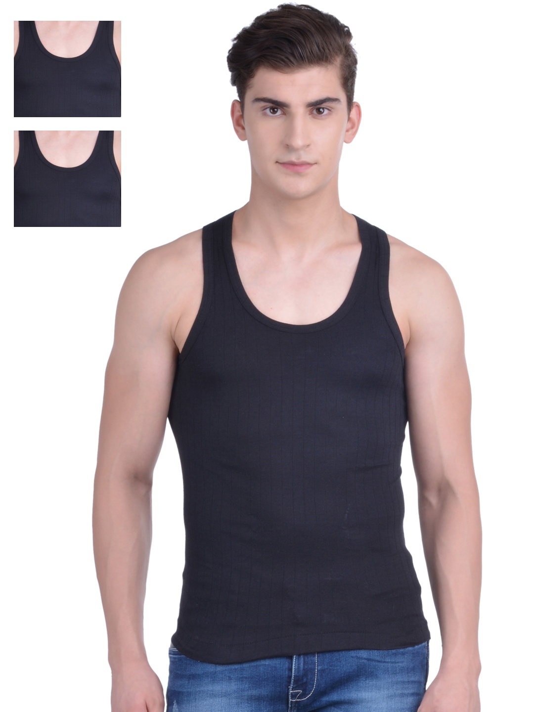 

Dollar Bigboss Men Solid Pack of 3 Cotton Vest, Black
