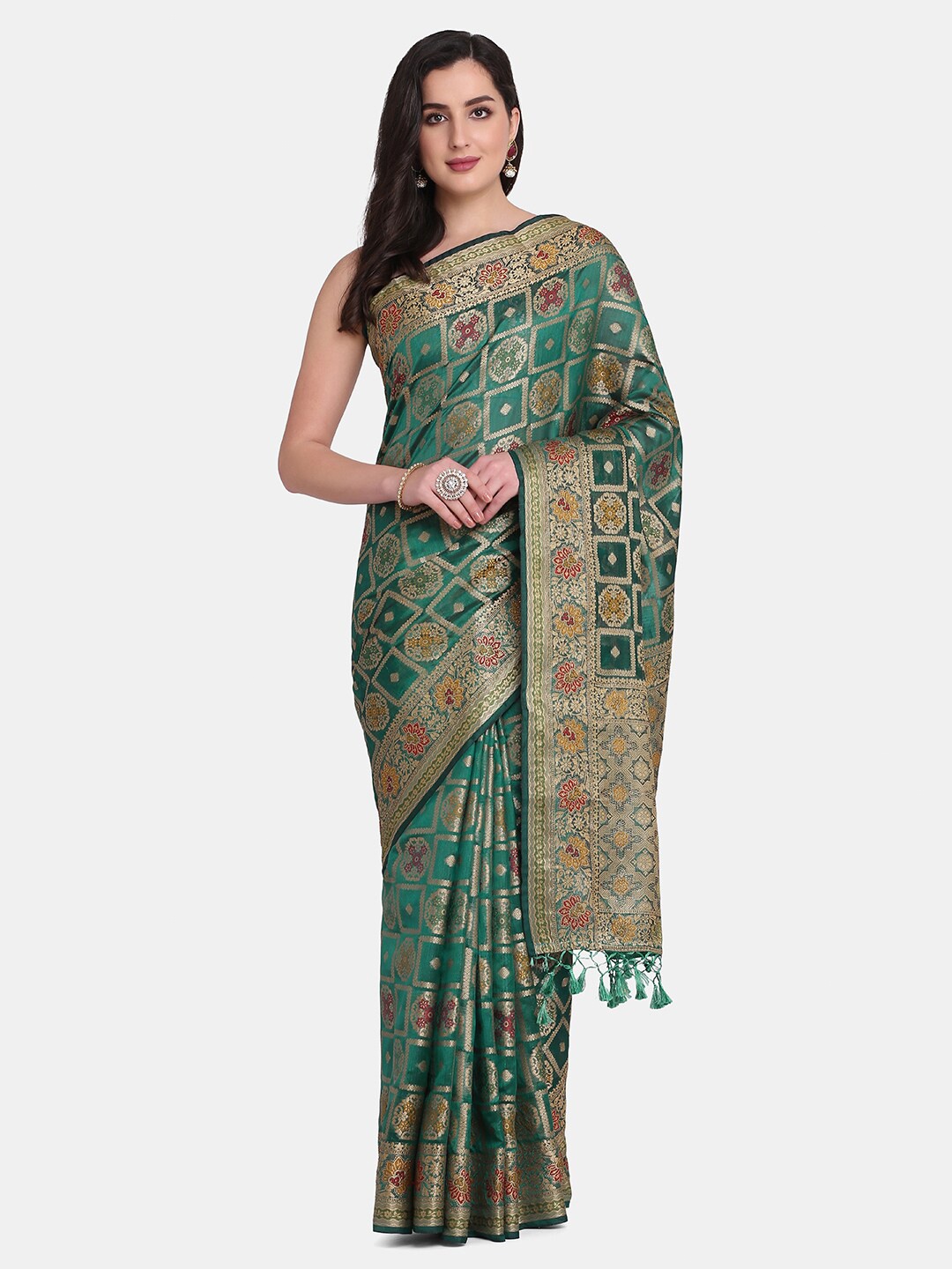 

BOMBAY SELECTIONS Green & Gold-Toned Woven Design Zari Pure Silk Banarasi Saree