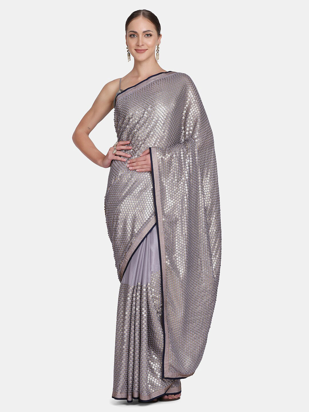 

BOMBAY SELECTIONS Grey Embellished Beads and Stones Satin Saree