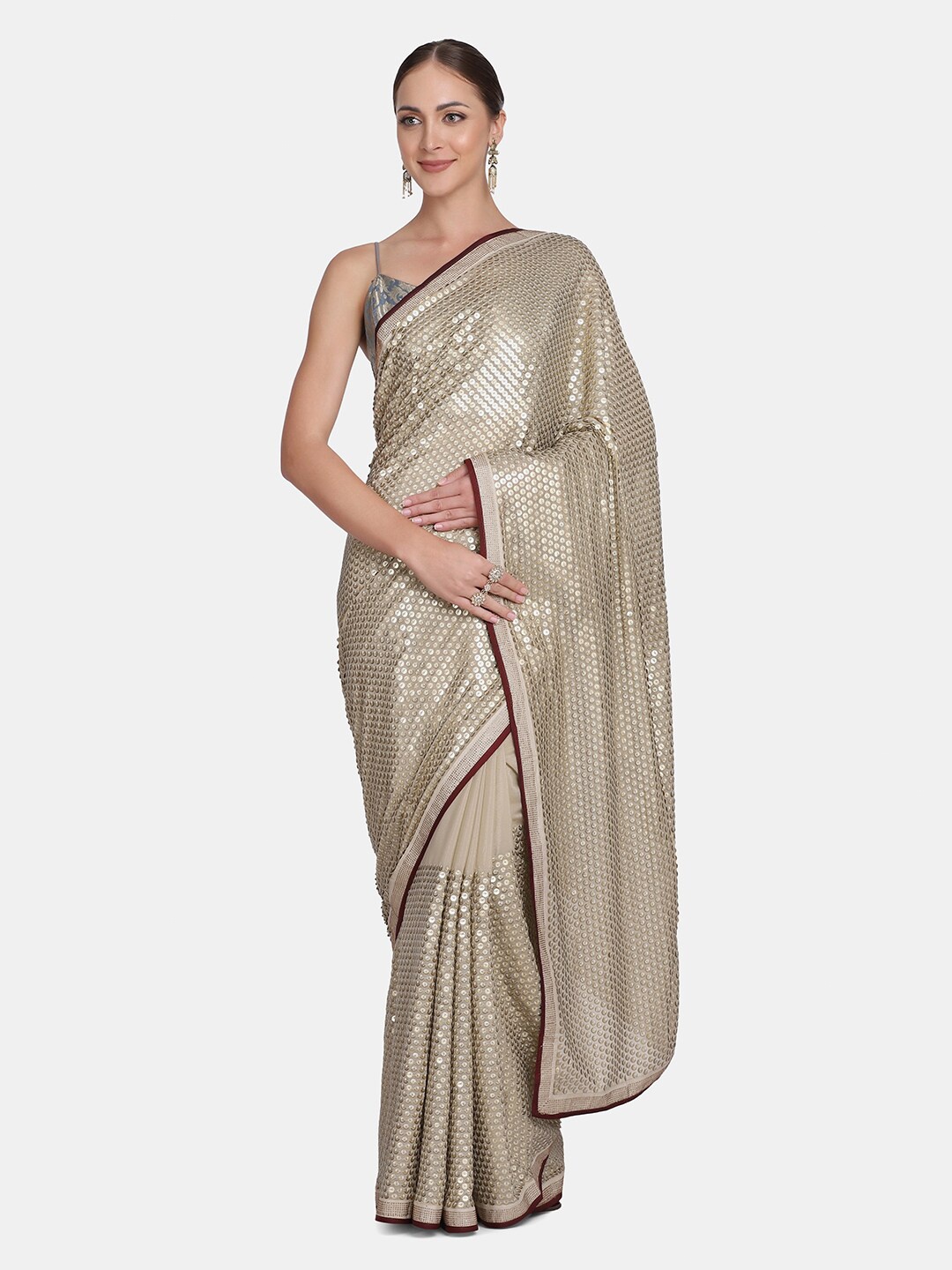 

BOMBAY SELECTIONS Beige & Silver-Toned Embellished Sequinned Satin Saree