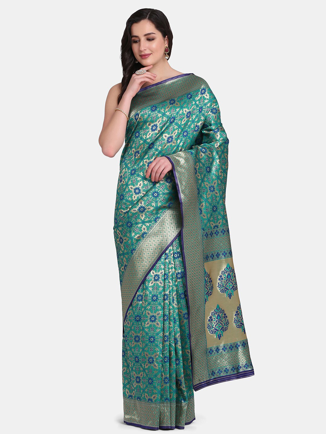 

BOMBAY SELECTIONS Green & Gold-Toned Woven Design Art Silk Banarasi Saree